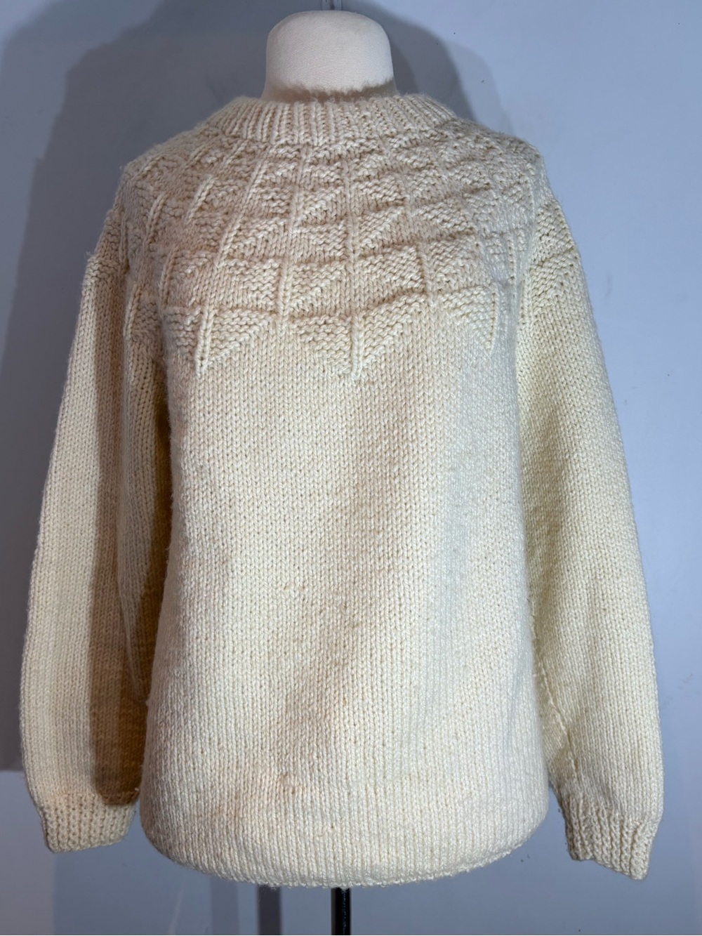Hand Knit Off White Wool Blend Crewneck Sweater Size Large